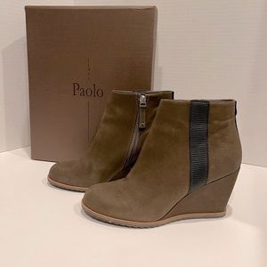 Linea Paolo Winslet Wedge Bootie Ankle Boot Suede Olive Side Zip Round Toe